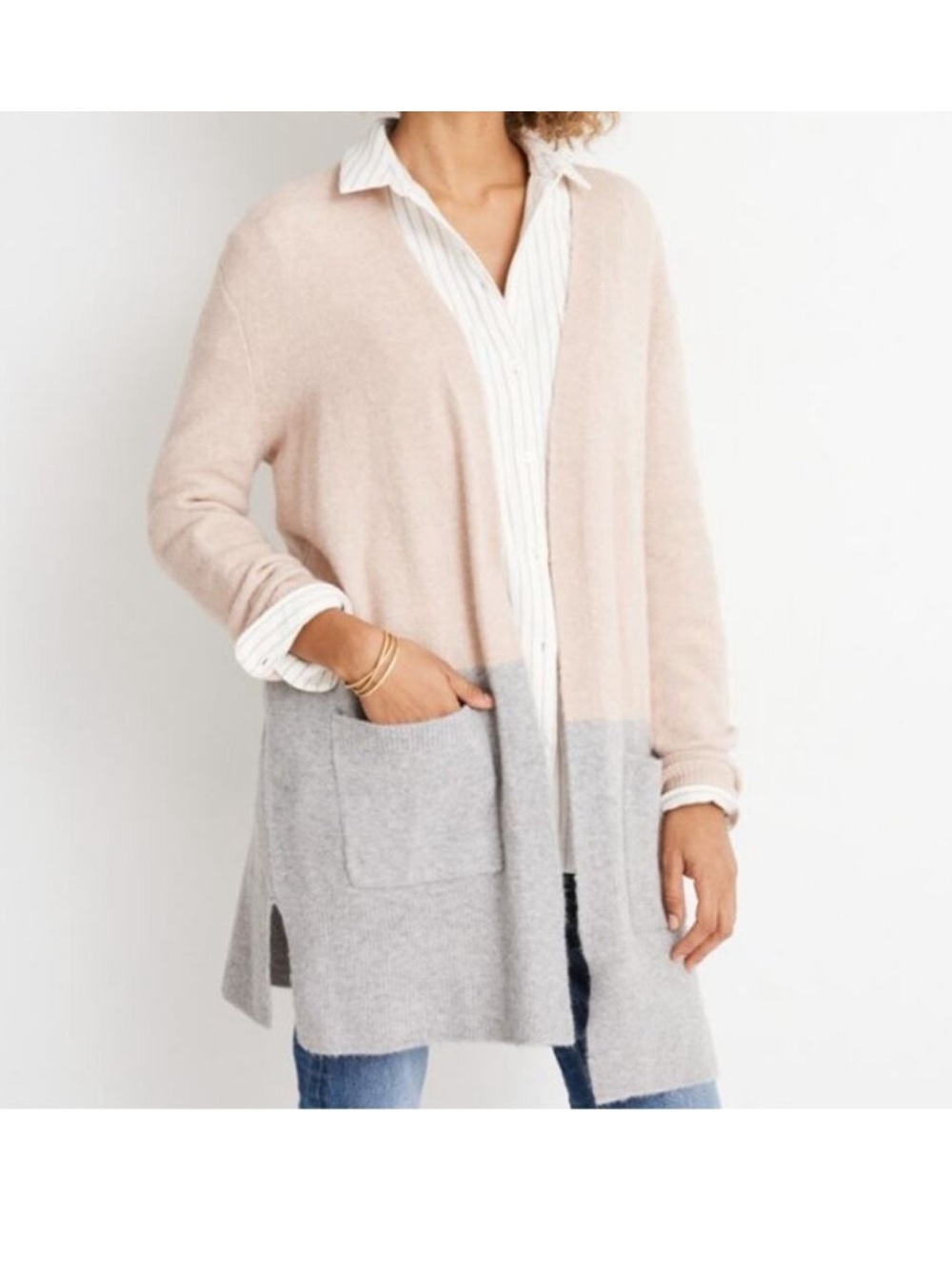 Madewell | Kent Colorblock Cardigan Sweater Wool Alpaca Pockets Pink Gray Small